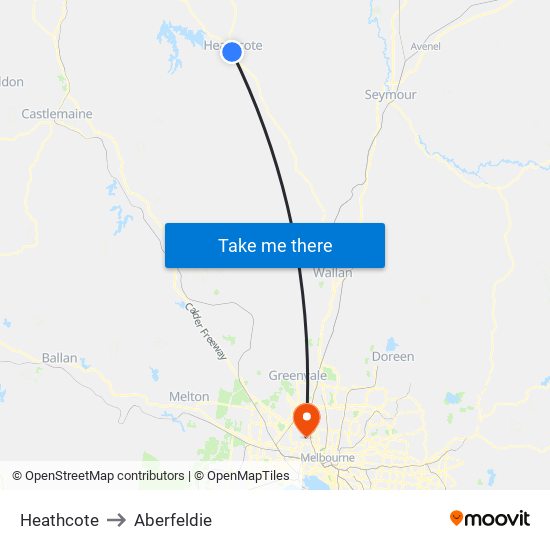 Heathcote to Aberfeldie map