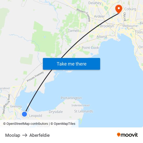 Moolap to Aberfeldie map