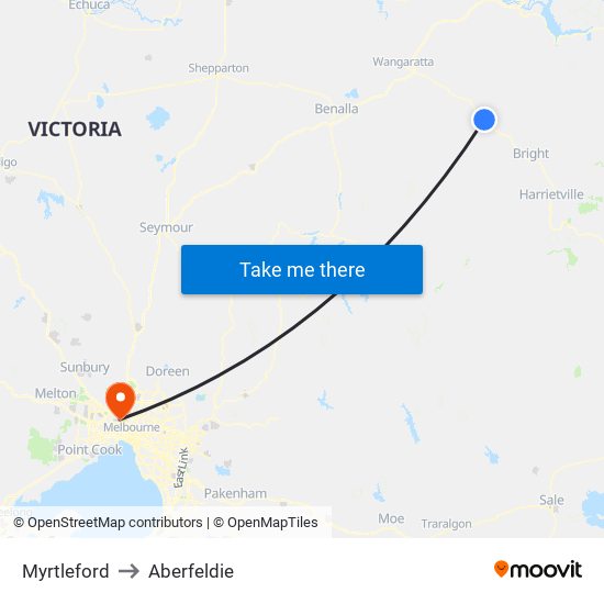 Myrtleford to Aberfeldie map