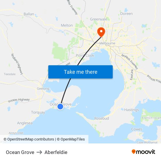 Ocean Grove to Aberfeldie map