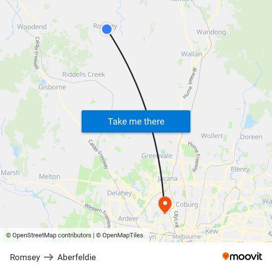 Romsey to Aberfeldie map