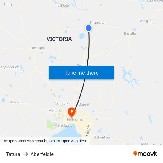 Tatura to Aberfeldie map