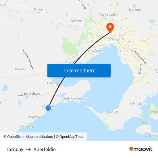 Torquay to Aberfeldie map