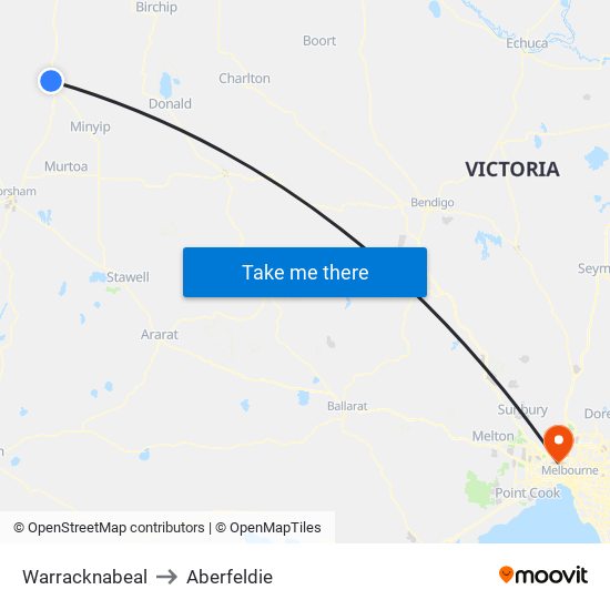 Warracknabeal to Aberfeldie map