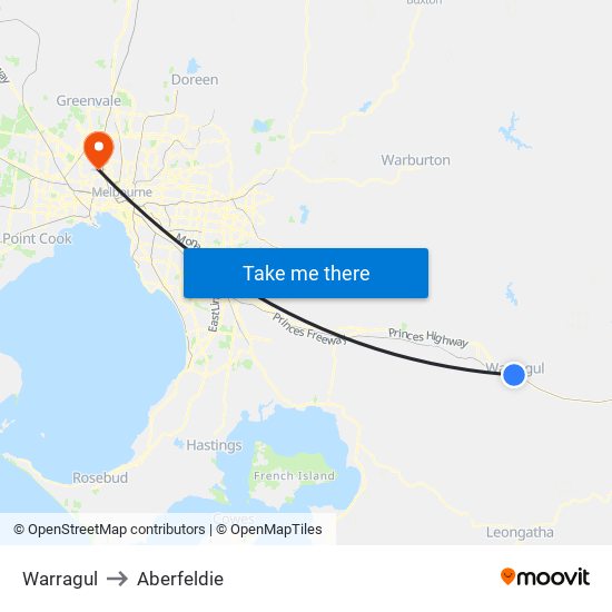 Warragul to Aberfeldie map