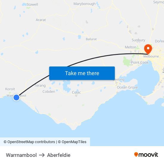 Warrnambool to Aberfeldie map