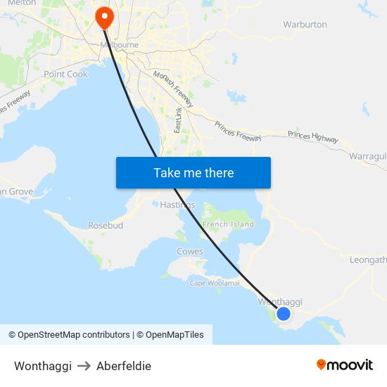 Wonthaggi to Aberfeldie map