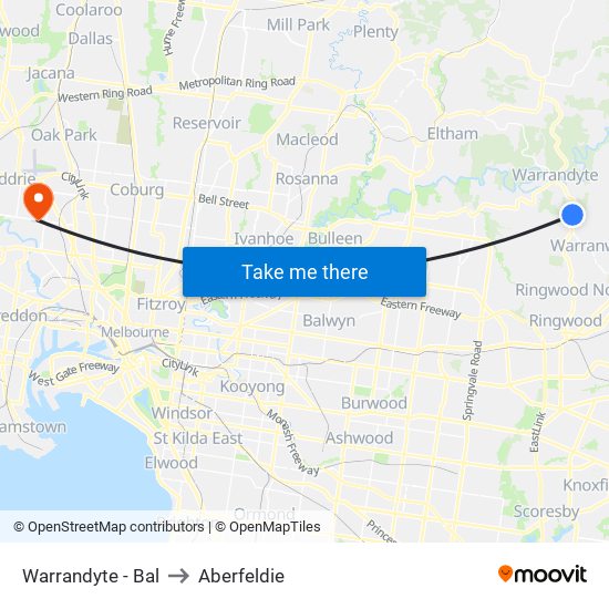 Warrandyte - Bal to Aberfeldie map