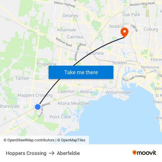 Hoppers Crossing to Aberfeldie map