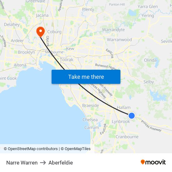 Narre Warren to Aberfeldie map