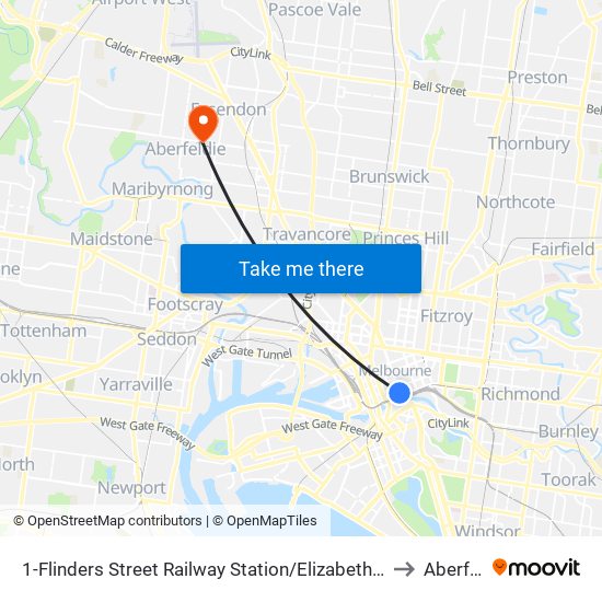 1-Flinders Street Railway Station/Elizabeth St (Melbourne City) to Aberfeldie map