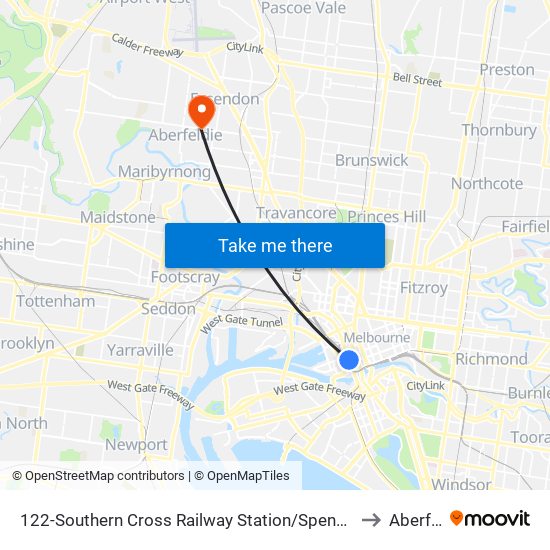 122-Southern Cross Railway Station/Spencer St (Melbourne City) to Aberfeldie map