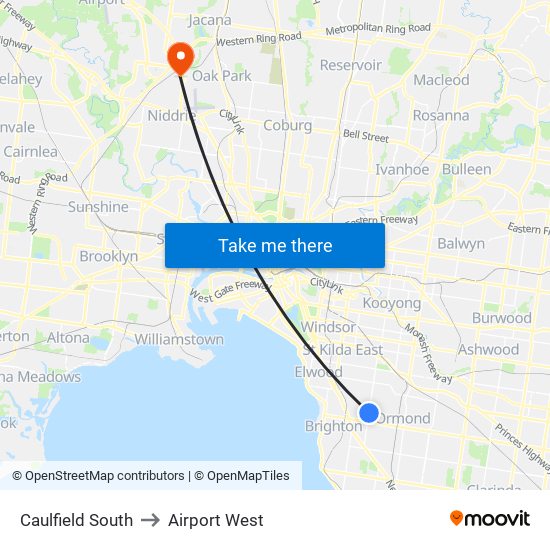 Caulfield South to Airport West map