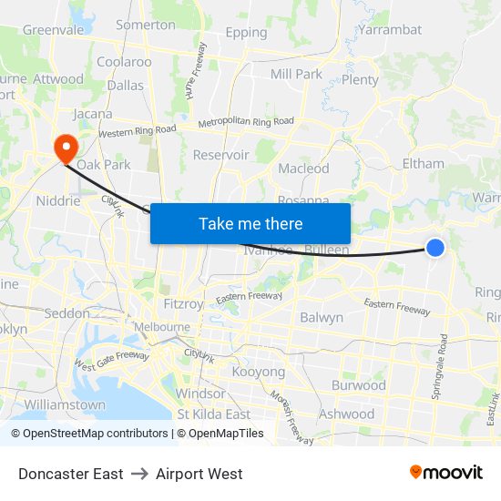 Doncaster East to Airport West map