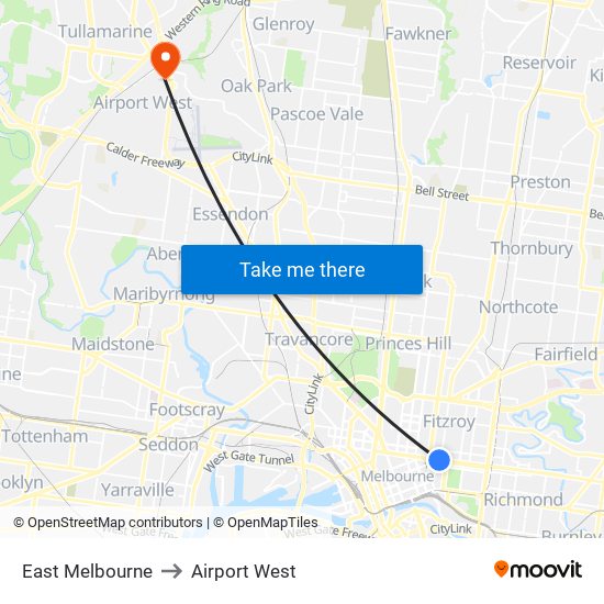 East Melbourne to Airport West map