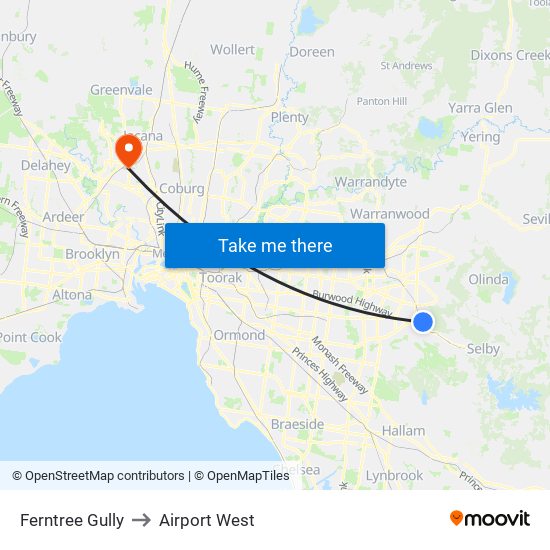 Ferntree Gully to Airport West map