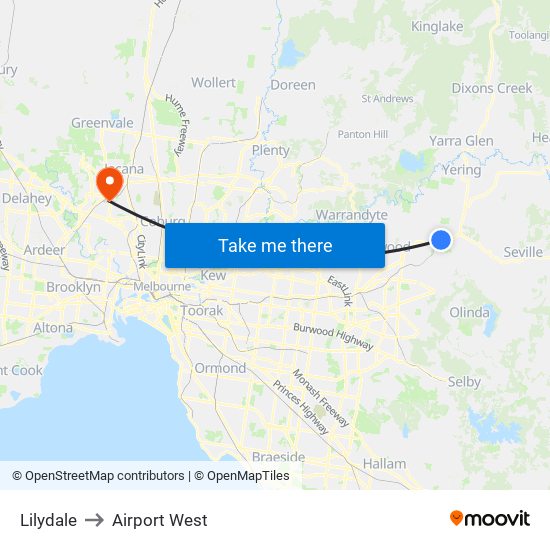 Lilydale to Airport West map