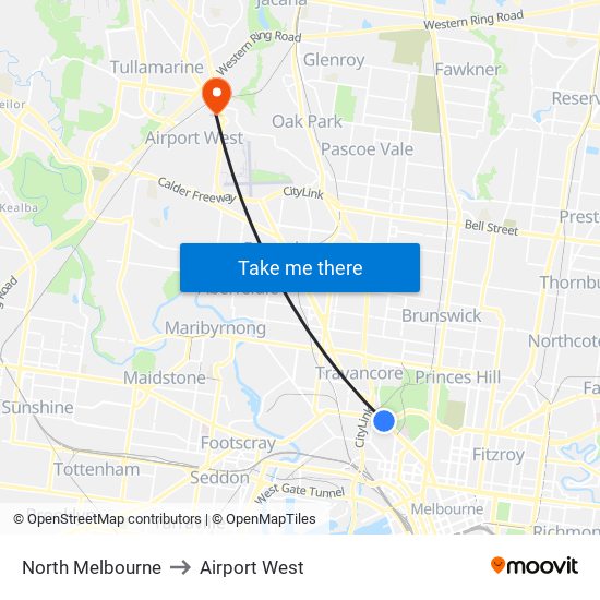 North Melbourne to Airport West map