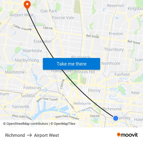 Richmond to Airport West map