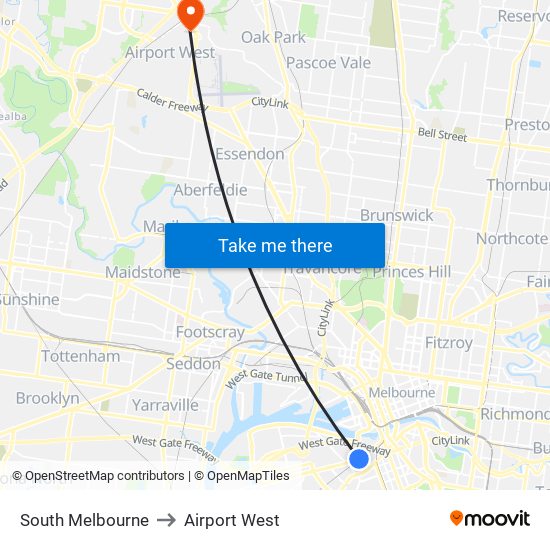 South Melbourne to Airport West map