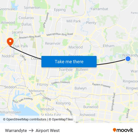 Warrandyte to Airport West map