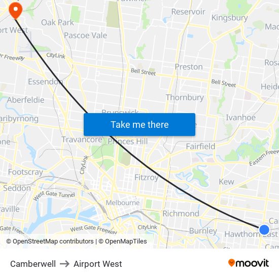 Camberwell to Airport West map