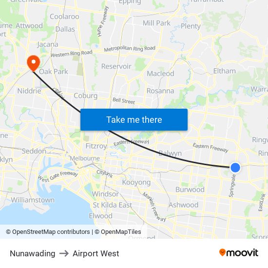 Nunawading to Airport West map