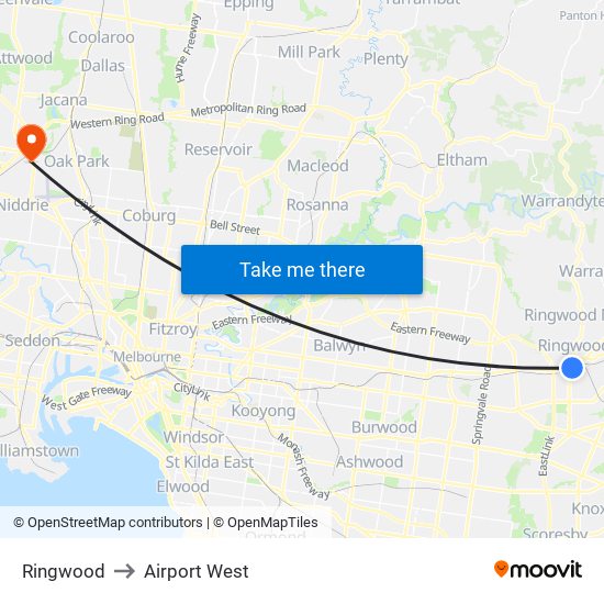 Ringwood to Airport West map