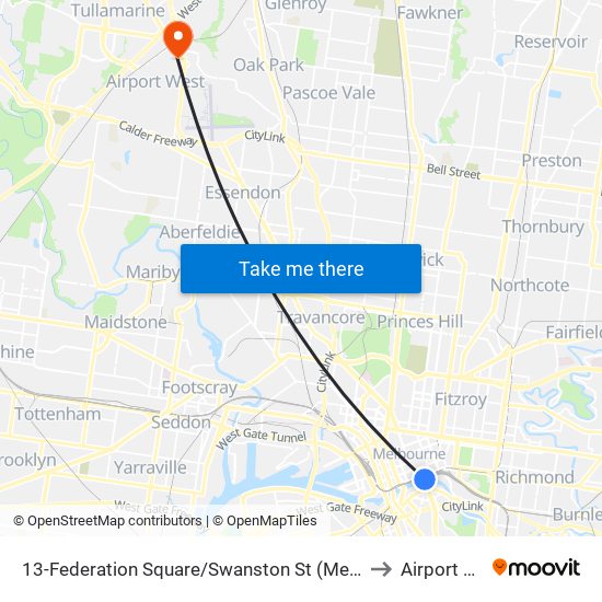 13-Federation Square/Swanston St (Melbourne City) to Airport West map