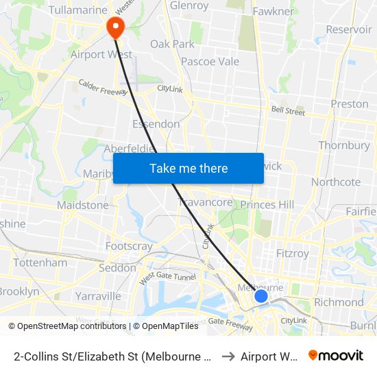 2-Collins St/Elizabeth St (Melbourne City) to Airport West map