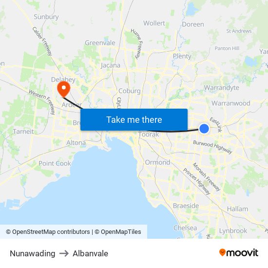 Nunawading to Albanvale map