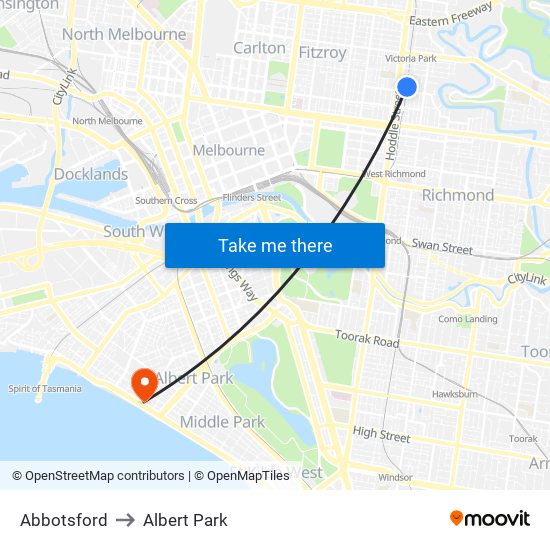 Abbotsford to Albert Park map