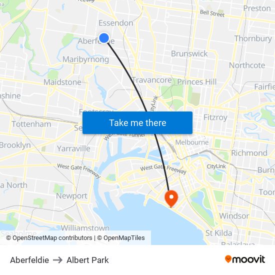 Aberfeldie to Albert Park map