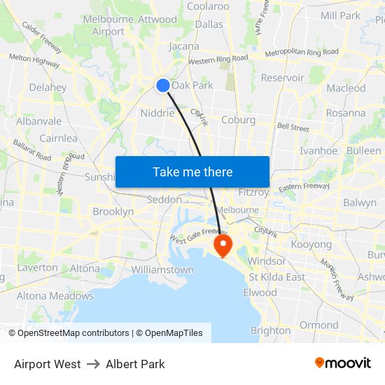 Airport West to Albert Park map