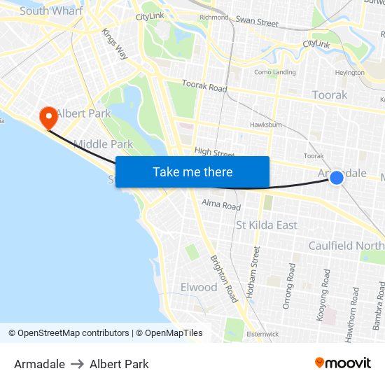 Armadale to Albert Park map