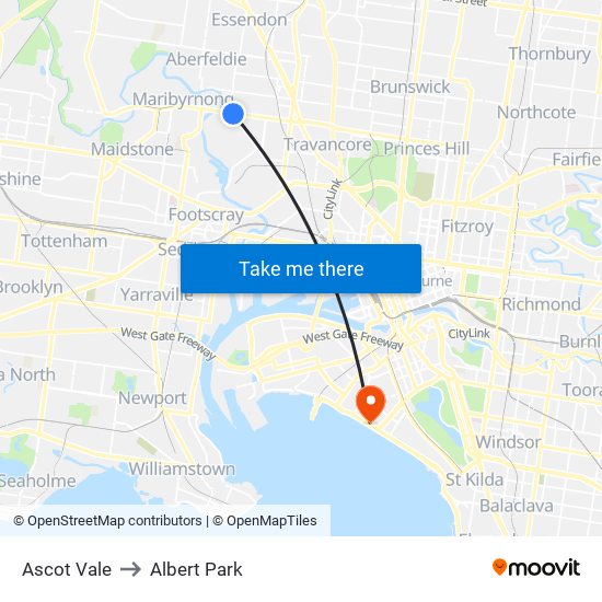 Ascot Vale to Albert Park map