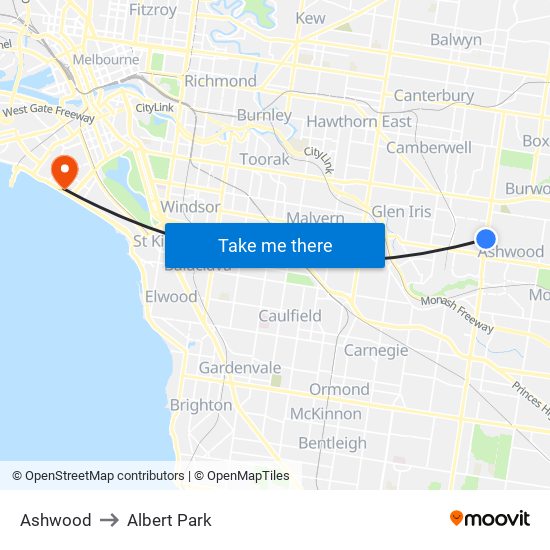 Ashwood to Albert Park map