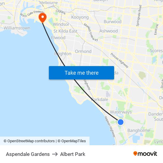 Aspendale Gardens to Albert Park map