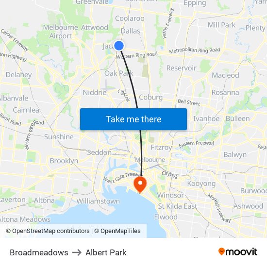 Broadmeadows to Albert Park map