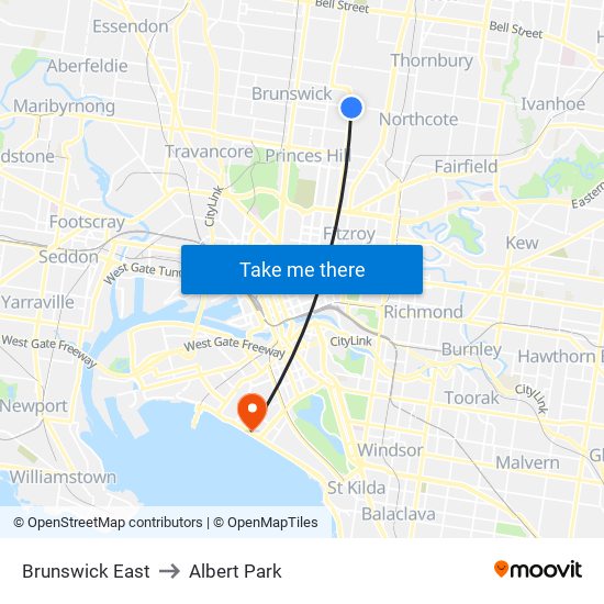 Brunswick East to Albert Park map