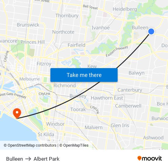 Bulleen to Albert Park map