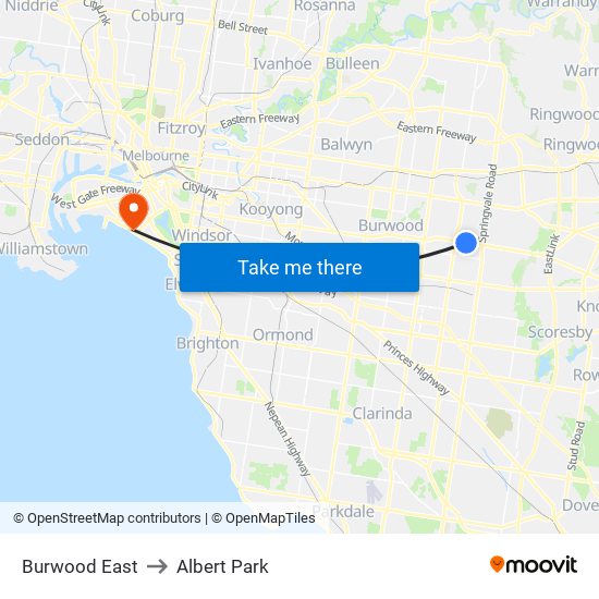 Burwood East to Albert Park map