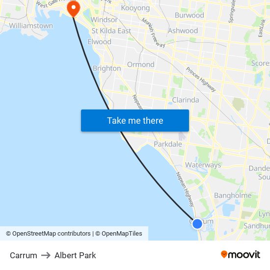 Carrum to Albert Park map