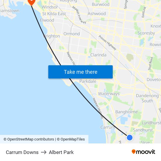 Carrum Downs to Albert Park map