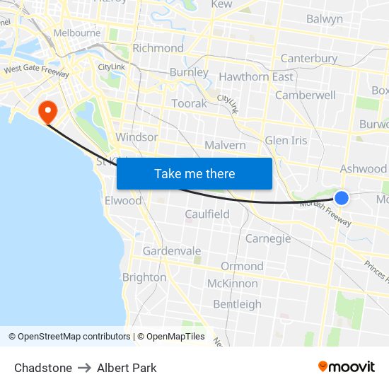 Chadstone to Albert Park map