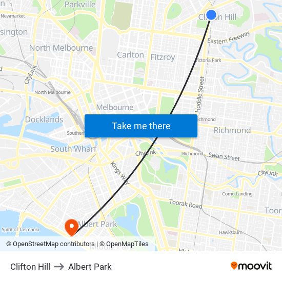 Clifton Hill to Albert Park map