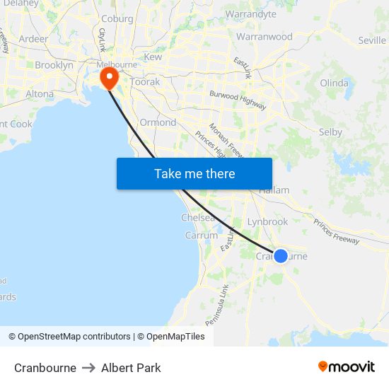 Cranbourne to Albert Park map