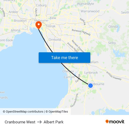 Cranbourne West to Albert Park map