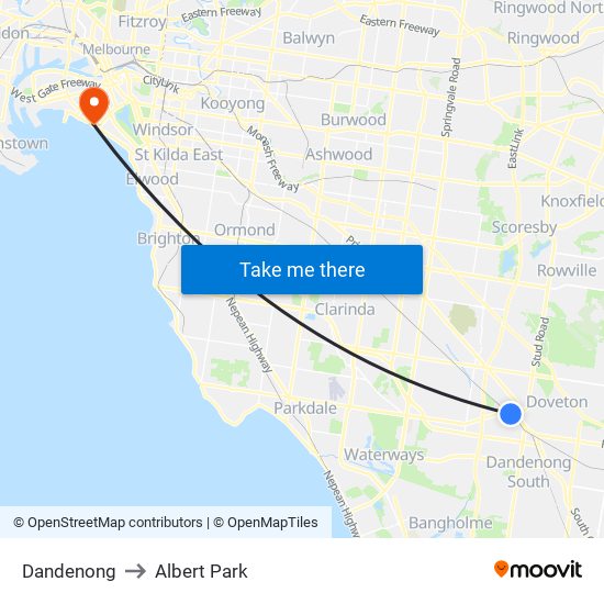 Dandenong to Albert Park map