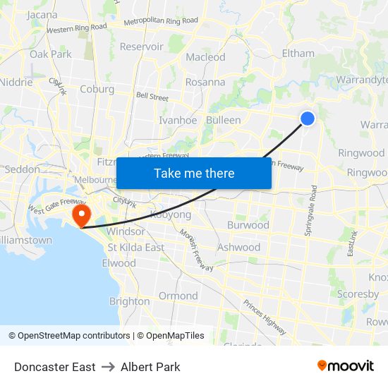 Doncaster East to Albert Park map